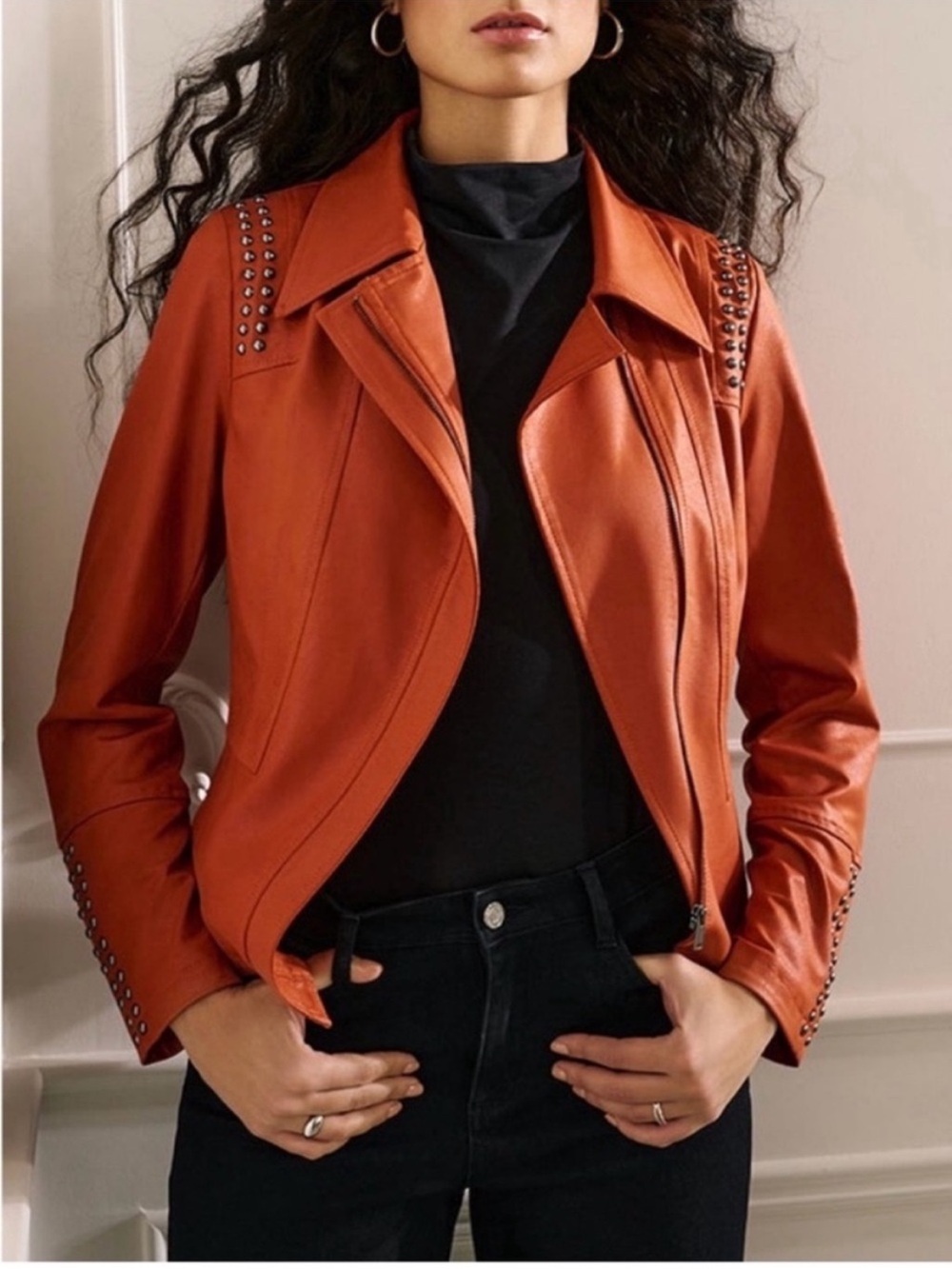 Joseph Ribkoff Notched Collar Jacket Faux Leather Small Tandoori